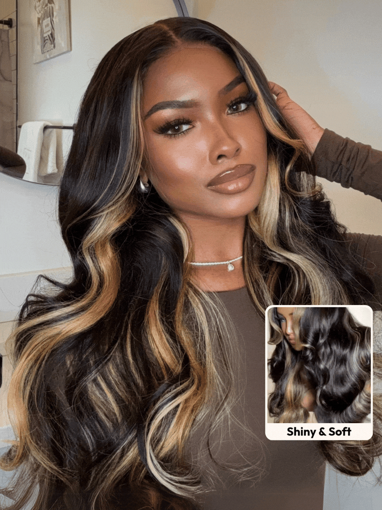 A model displays the UNice 7x5 Bye Bye Slip Lace Loose Wave Butterscotch Highlights Brown with Free Face wig, showing a model with long hair and a dog and loose wave.