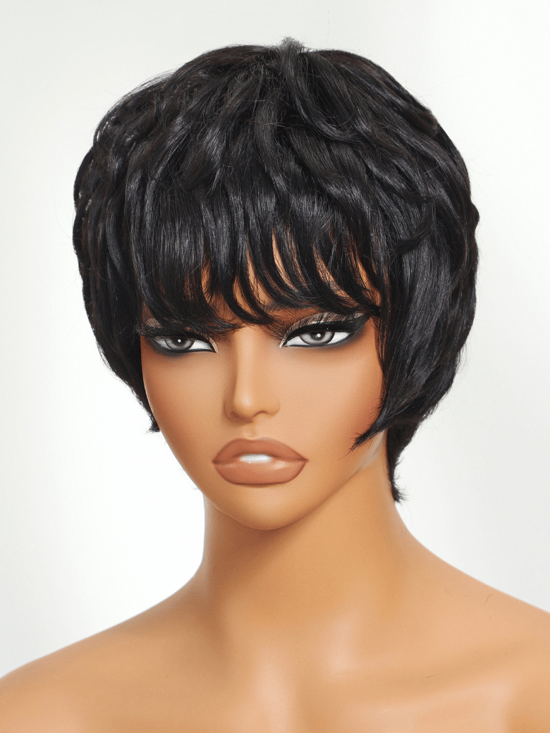 The UNice Short Pixie Cut Human Hair Glueless Wig With Full Bangs product image shows a manne with a black wig on it and glueless wear.