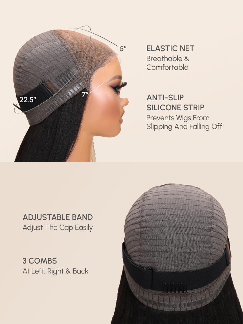 The UNice 7x5 Bye Bye Knots Wig Glueless Body Wave Lace Wig With Invisible Clean Knots image highlights ELASTICNET, Breathable&, Comfortable, ANTI-SLIP, a diagram.