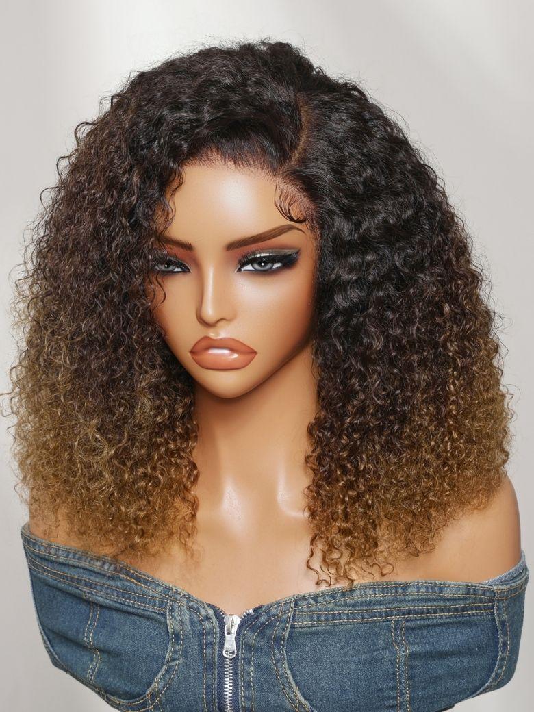 The UNice 7x5 Bye Bye Slip Lace Dark Brown to Golden Caramel Ombre Curly Glueless Wig visual image position 3 shows a wig with curly hair on a mann | curly texture.