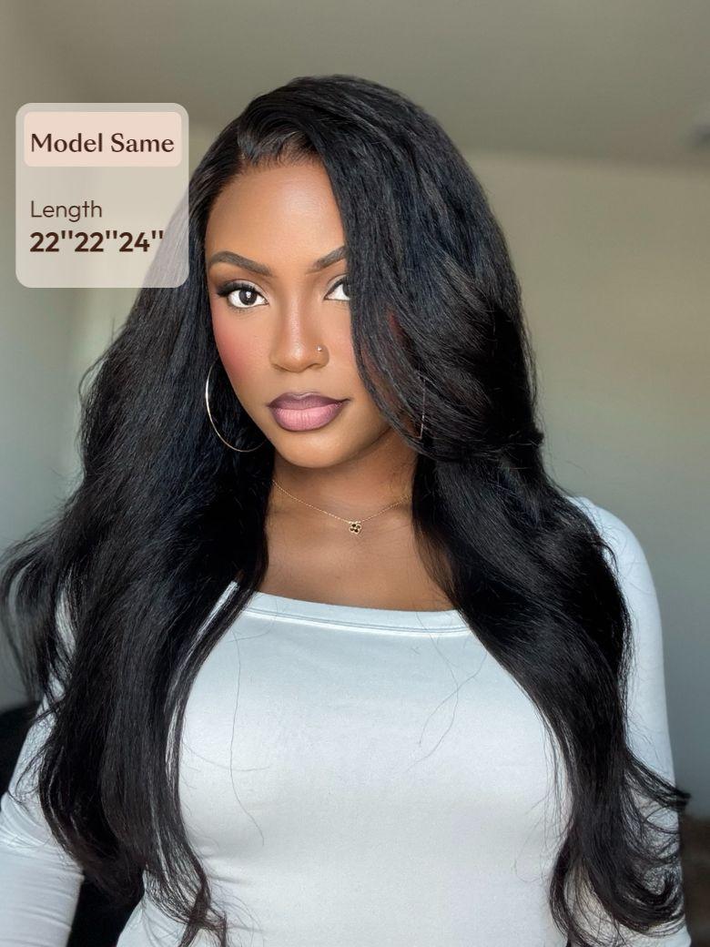 A model displays the UNice 3Pcs Kinky Straight Indian Real Human Hair Bundles Deal, showing a model with long black hair and a white shirt and kinky straight texture.