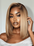 The UNice Bye Bye Slip 7x5 Lace Blonde with Brown Roots Side Part Blunt Bob Drawstring wig visual image position 3 shows a model with long blonde hair and a white shirt.