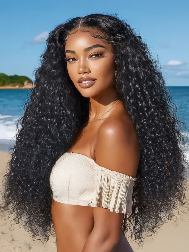 A model displays the UNice 13x4 Pre-Everything Lace Frontal Natural Black Bouncy Water Wave Curly, showing a model with long black hair on the beach and water wave.