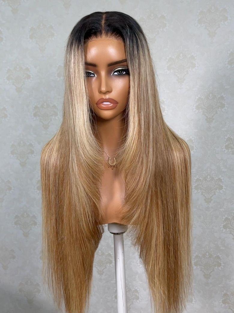 UNice Honey Blonde with Dark Roots Layered Straight Bye-Bye Slip™ 13x4 Lace Front Human Hair Wig Put-On-and-Go