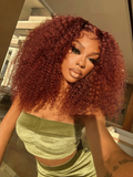 A model displays the UNice Ins Only 7x5 Bye Bye Knots Reddish Brown Kinky Curly & Straight & 13x4 wig, showing a model with red hair and a green top and loose wave.
