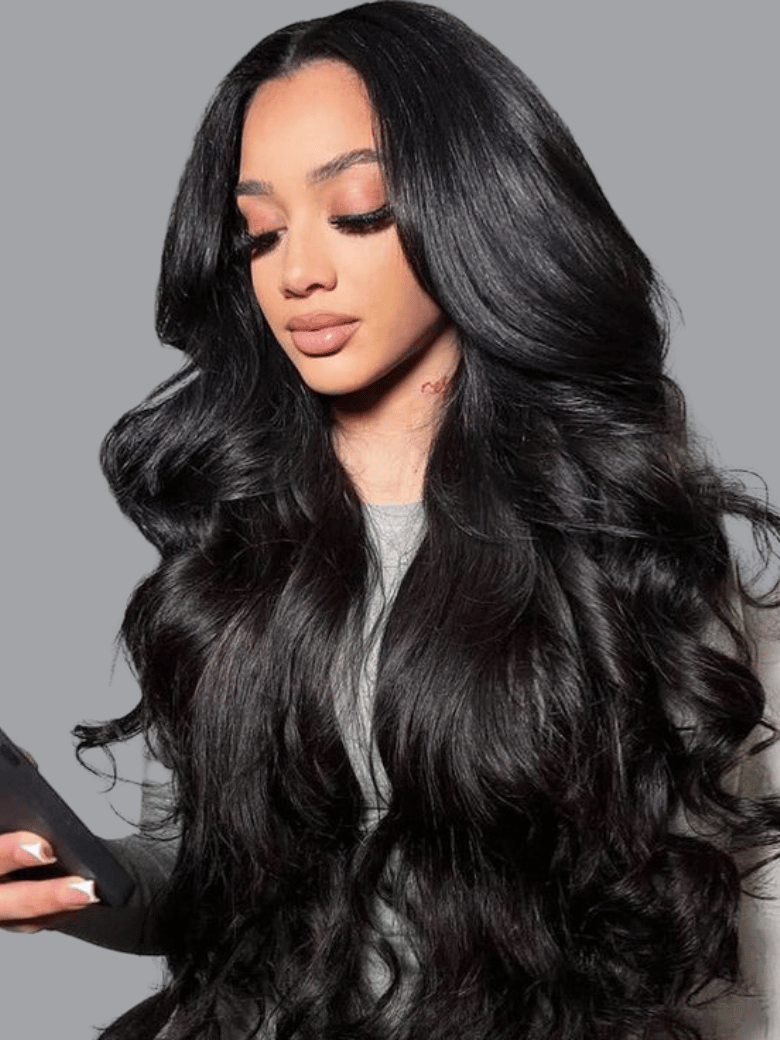 A model displays the UNice Premium Raw Virgin Hair Body Wave Bundles, showing a model with long black hair holding a cell and body wave texture, bundle fullness.