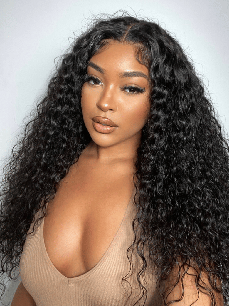 A model displays the UNice Hair Hair 4 Bundles Water Wave Unprocessed Virgin Human Hair, showing a model with long curly hair wearing a tan top and water wave texture.