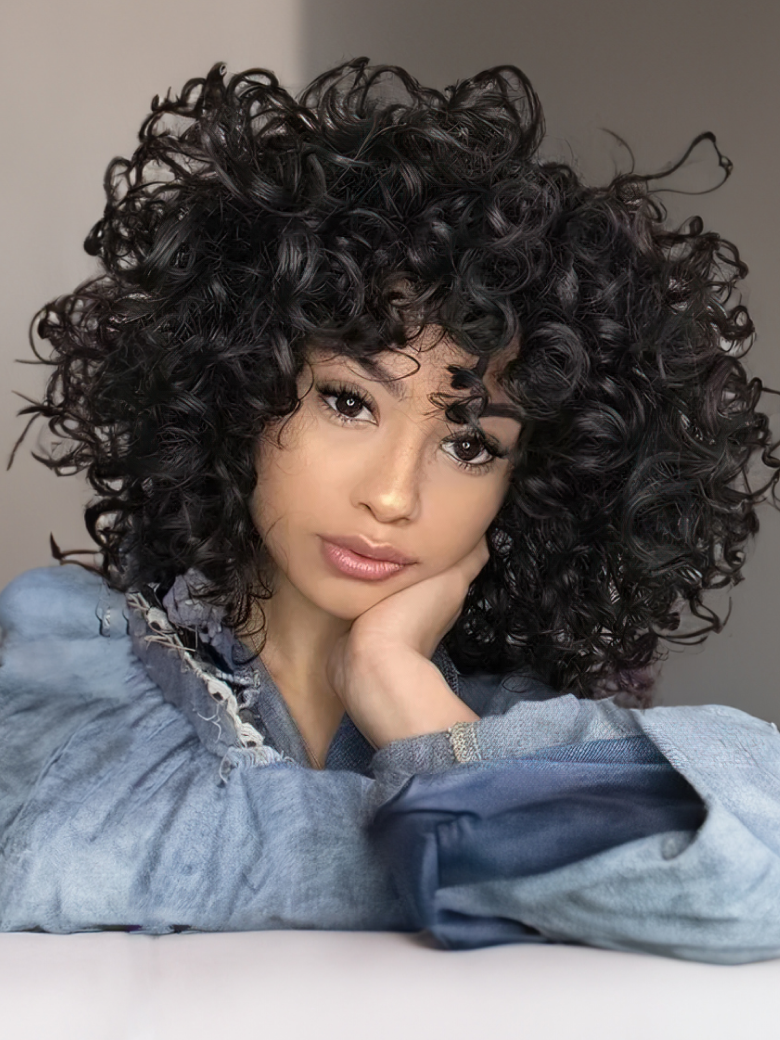 A model displays the UNice Funmi Curly Tight & Neat Human 1 Bundle Virgin Hair Natural Color, showing a model with curly hair and curly texture, bundle fullness.