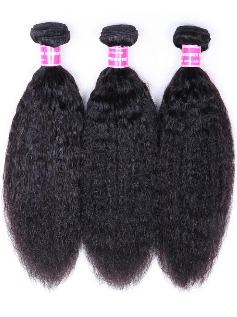 The UNice 3Pcs Kinky Straight Indian Real Human Hair Bundles Deal image highlights KAMUH, three bundles of virgin hair and kinky straight texture, straight texture.