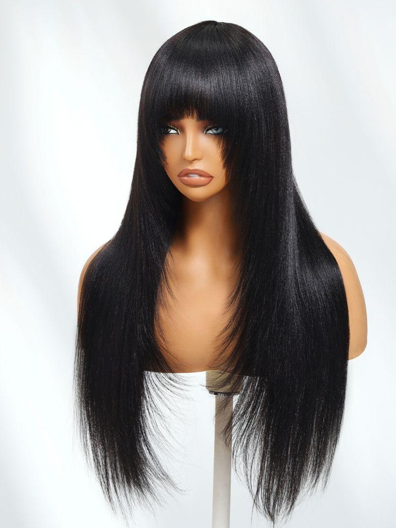 The UNice Ins Only Black Yaki Wig Human Hair Glueless Wig with Blunt Bangs With Wispy product image shows a black wig with long hair and yaki texture, glueless wear.