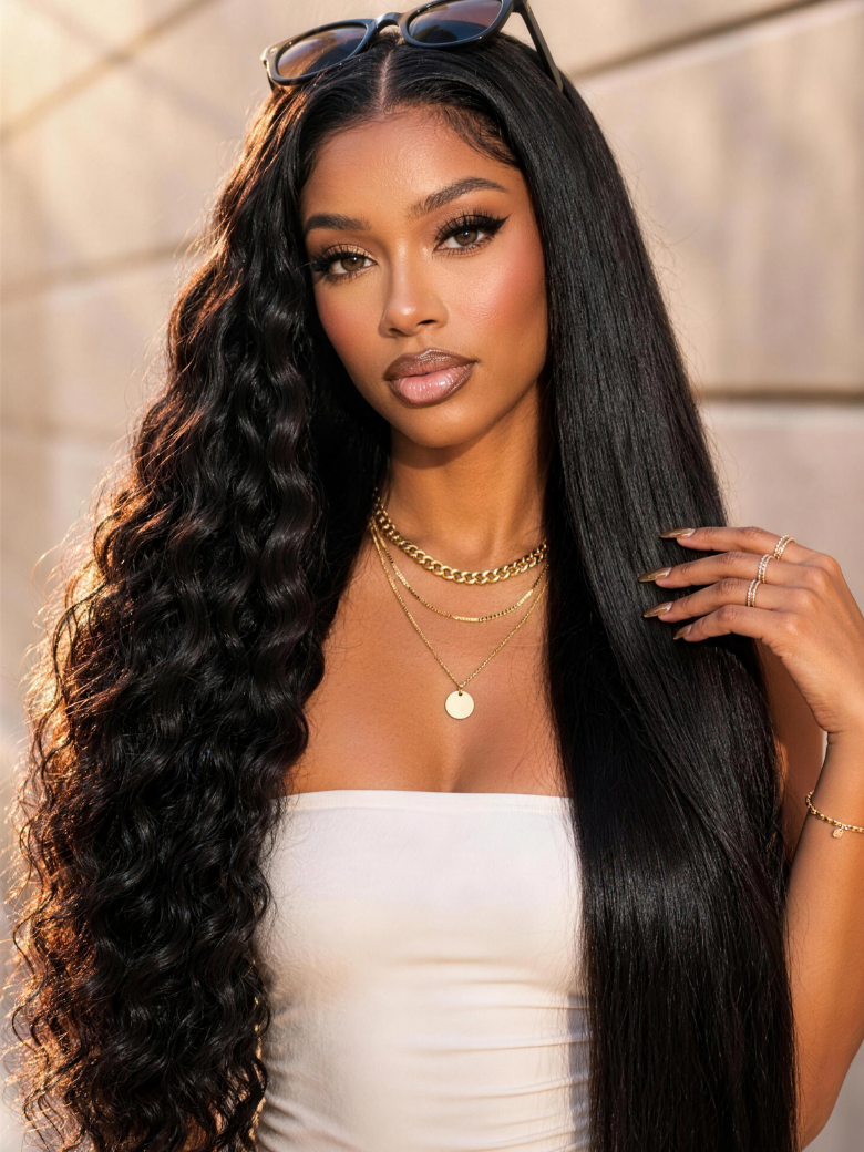 Long black hair wig with half-wavy and half-straight texture for UNice, featuring a natural middle part and transparent lace.
