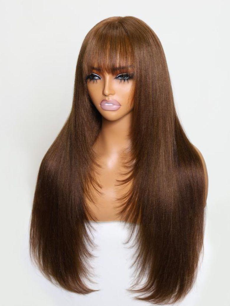The UNice Yaki Straight human hair wig with Bangs Chocolate Brown Layered Cut 4x2 product image shows a wig with long brown hair and straight texture, yaki texture.