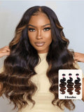 A model displays the UNice Chestnut Brown Ombre 3 Pcs Body Wave Human Hair Bundles, showing a model with long wavy hair and a white background and body wave texture.