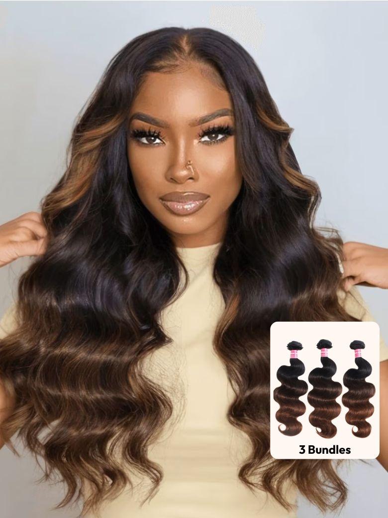 A model displays the UNice Chestnut Brown Ombre 3 Pcs Body Wave Human Hair Bundles, showing a model with long wavy hair and a white background and body wave texture.