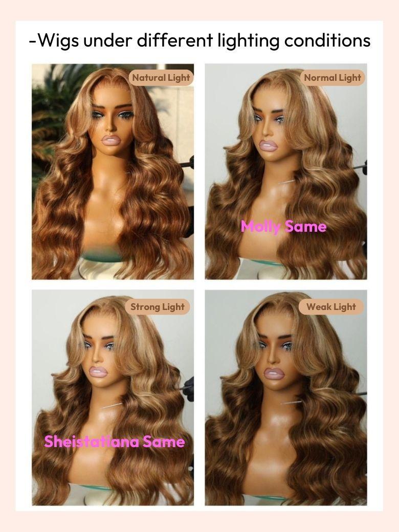 The UNice Fit 18-24 Inch ByeBye Knots Wig 7x5 Pre-Cut Glueless Lace Honey Blonde Body image highlights Wigs under different lighting conditions, Natural Light, Normal.