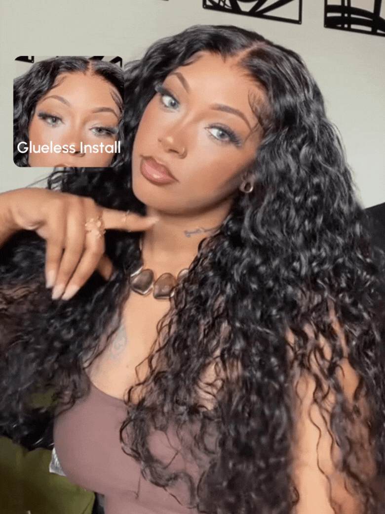 A model displays the UNice 7x5 Bye Bye Knots Pull And Go Wig Glueless Wet & Wavy Water Wave Invisi, showing a model with long hair is posing for a picture and water wave.