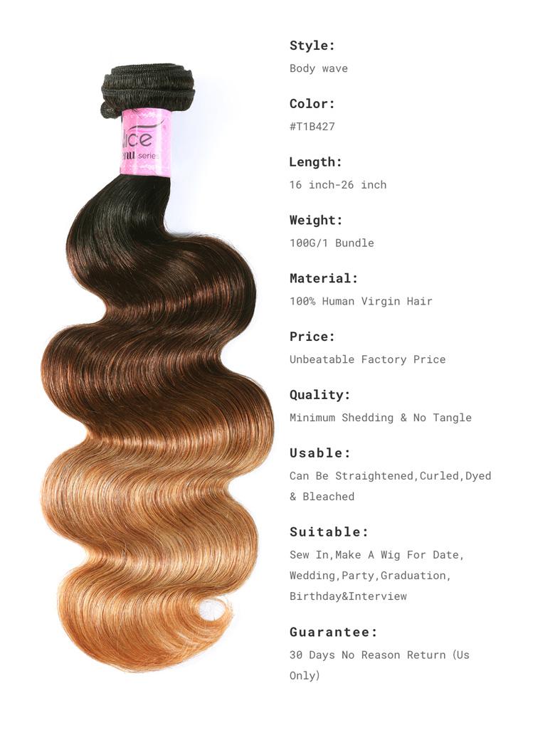 The UNice Brazilian Ombre 4Pcs Body Wave Remy Human Hair Bundles image highlights Style, Body wave, Color, #T1B427, a diagram of the body wave hair extensions and body.