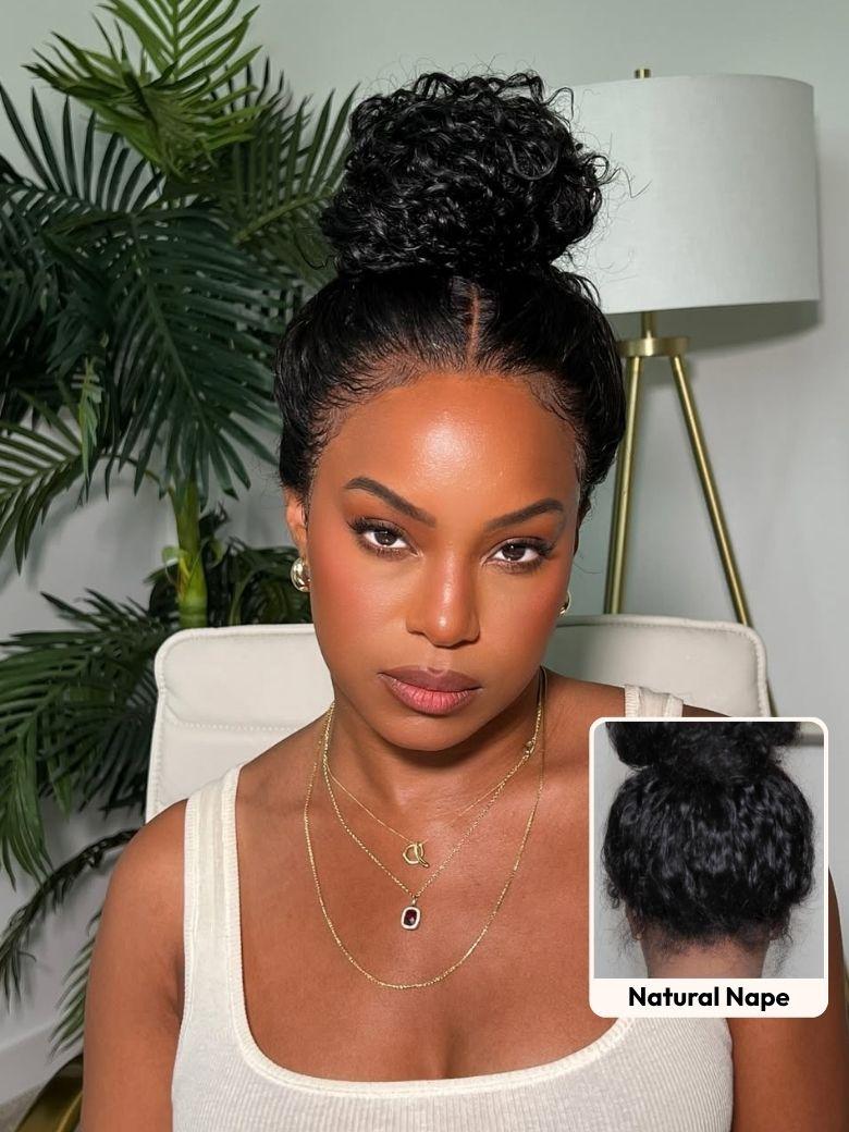 A model displays the UNice Invisible Strap 360 Lace Black Water Wave and Body Wave Wig, showing a model with a curly hair style and body wave texture, water wave.