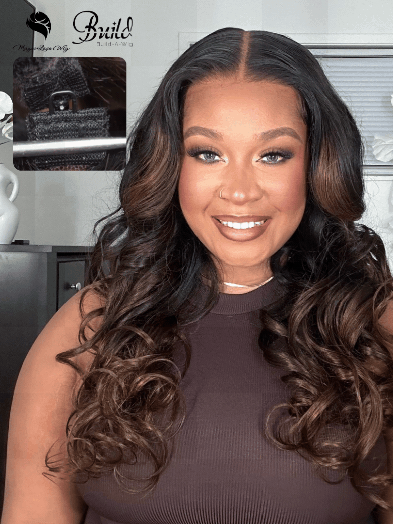 The UNice Magic Lace Wig Black to Chestnut Brown Ombre Body Wave With Optional 7x5 visual image position 2 shows a model with long brown hair | visible text: Ruild.