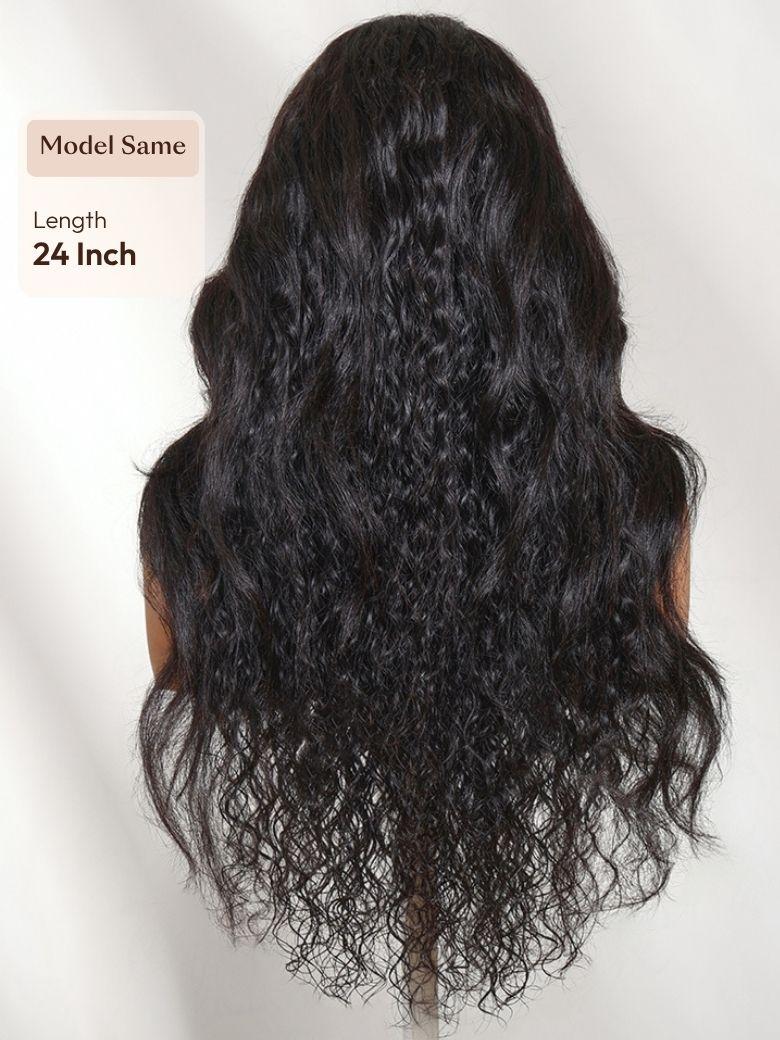 The UNice 7x5 Bye Bye Slip Glueless Lace Natural Water Wave with Soft Body Wave Wig with image highlights Model Same, Length, 24Inch, a wig with long curly hair on.