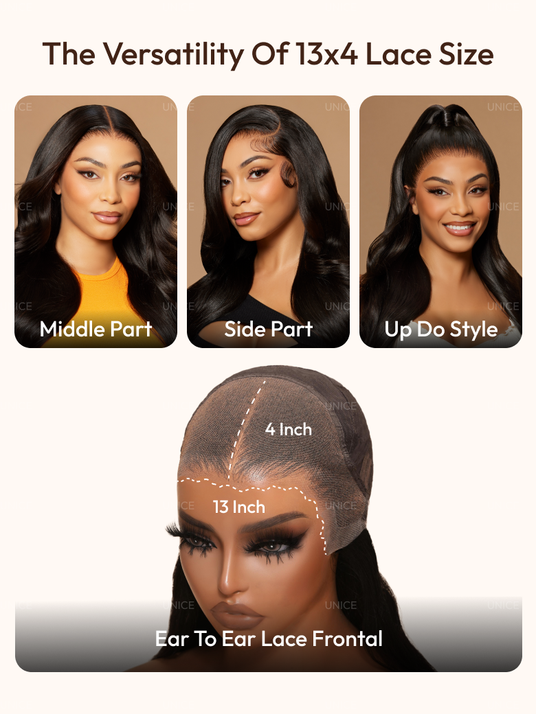 The UNice 13x4 Pre-Everything Wig Lace Frontal Natural Black Loose Deep Wave 150% Density image highlights TheVersatilityOf13x4LaceSize, UNIC, MiddlePart, SidePart.