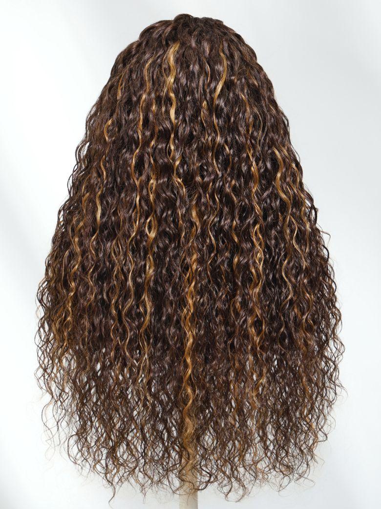 A model displays the UNice Human Hair Bye Bye Knots 7x5 Lace Dark Toffee Brown with Auburn Highlights wig, showing a wig with curly hair on a mann and water wave.