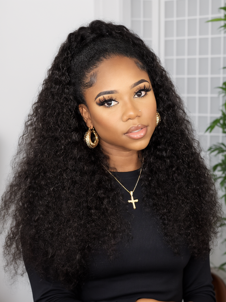 A model displays the UNice EasiContour Glueless V Part Minimal Leave Out Curly Wig Adjustable Cap, showing a model with long curly hair sitting on a couch and curly.