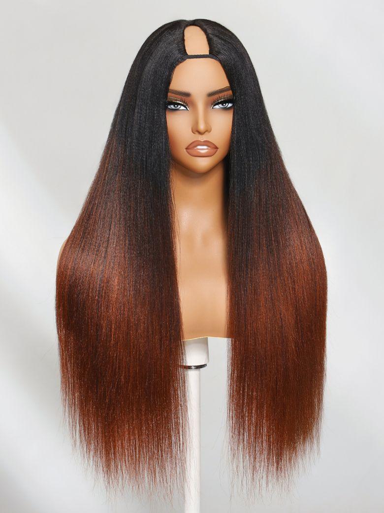 The UNice 22''-24'' Real Scalp Eye-Catching Black and Reddish Brown Ombre Color Upgraded product image shows a wig with long hair on a mann and yaki texture, reddish.