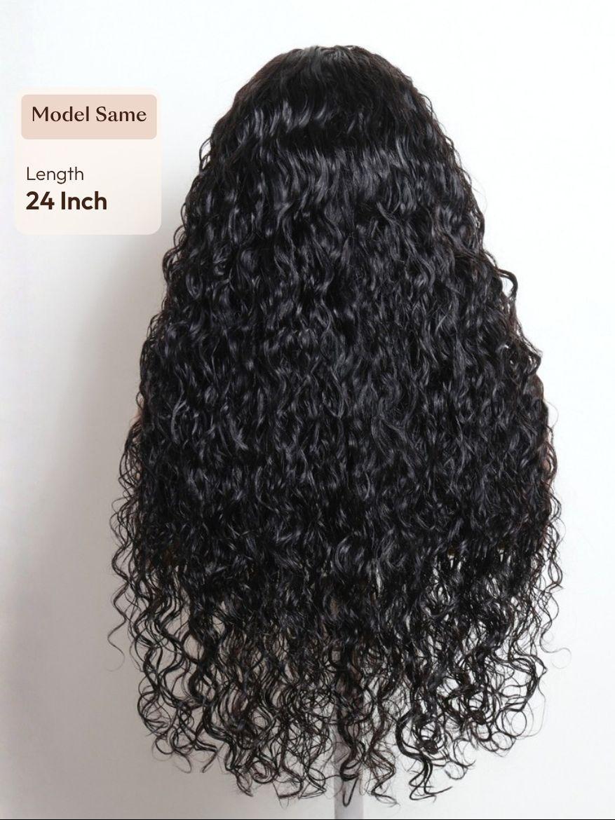 A model displays the UNice Bye Bye Slip 7x5 Lace Warm Brown with Beige Blonde Ribbon Highlights Layered wig, showing a model with a long, blonde haircut and highlight.