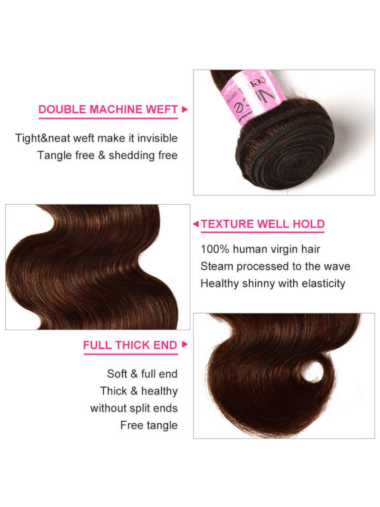 The UNice Rare Human Hair Weave #4 Body Wave & Straight Hair Bundles 1 Bundle Deal image highlights DOUBLEMACHINEWEFT, Tight&neatweftmakeitinvisible.