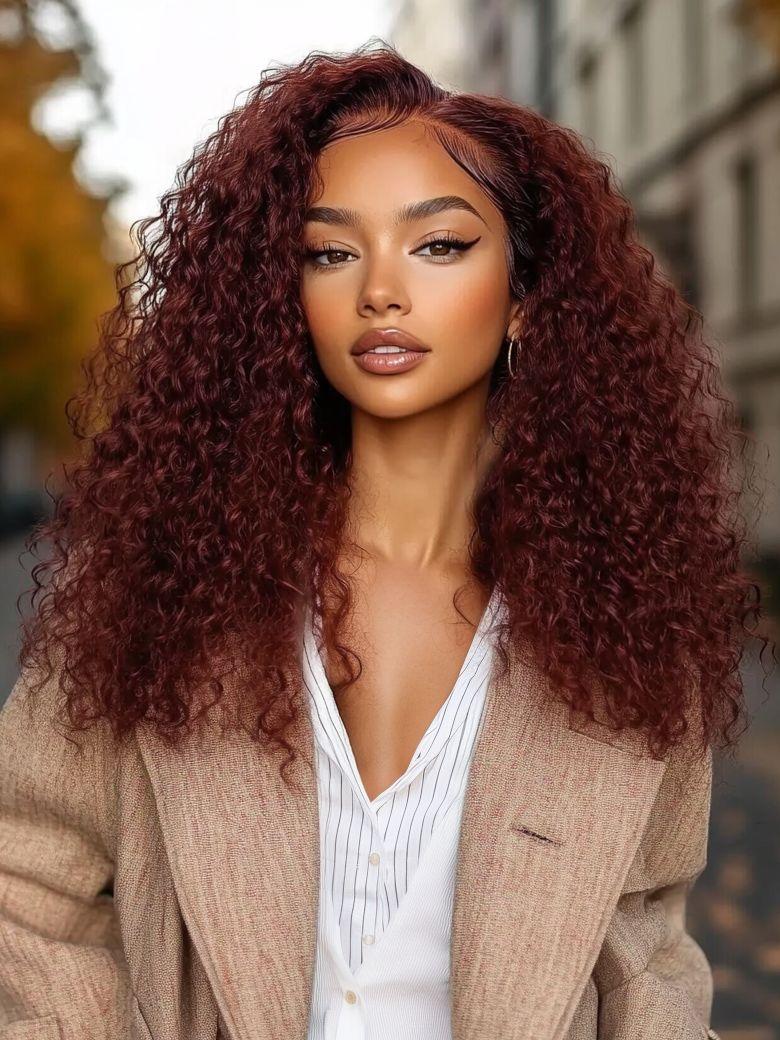 A model displays the UNice Ins Exclusive Discount 7x5 Bye Bye Knots Wig Glueless Lace Jerry Curly Reddish, showing a model with long curly hair wearing a brown jacket.