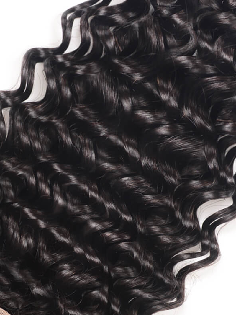 The Unice Invisible 5x5 HD Lace Closure Free Part Deep Wave Human Hair With Baby Hair product image shows a close up of a curly hair piece and deep wave texture, 5x5.
