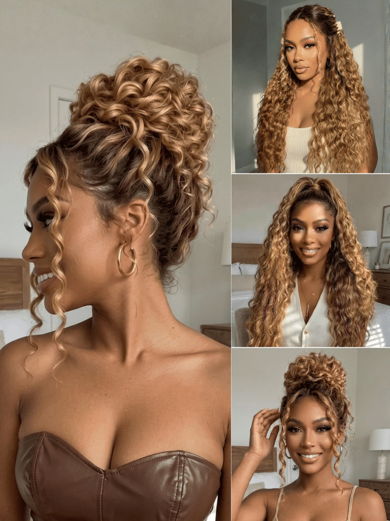 A model displays the UNice 13x4 Bye Bye Slip Lace Frontal Bronde Color With Honey Blonde Highlights Water, showing a model with curly hair in a braid and water wave.