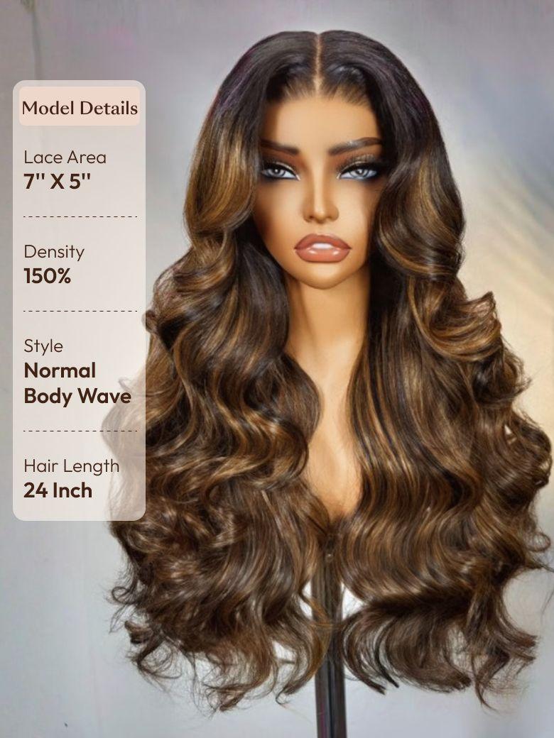 The UNice Ship within 24H UNice 7x5 Bye Bye Knots Wig Glueless Lace Balayage Highlight image highlights Model Details, LaceArea, 7"X5"", Density, a wig with long wavy.
