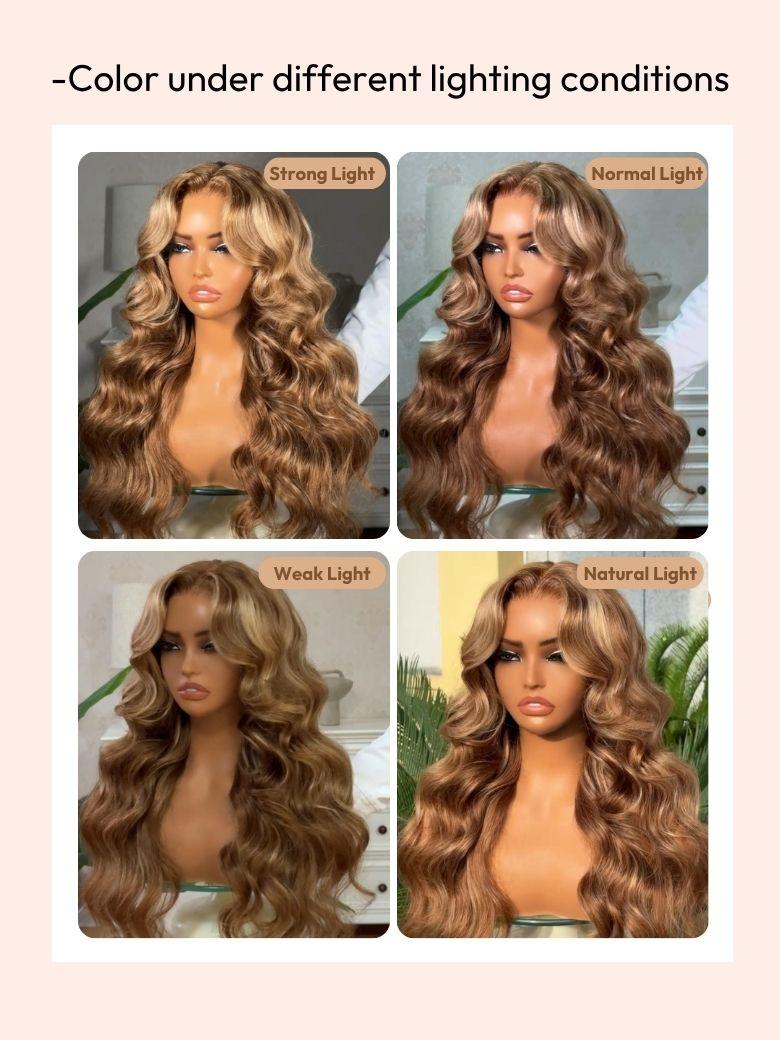 The UNice Bye Bye Knots Wig With Drawstring Pre-Cut 7x5 Glueless Lace & 13x4 image highlights Colorunderdifferentlighting conditions, StrongLight, Normal Light.