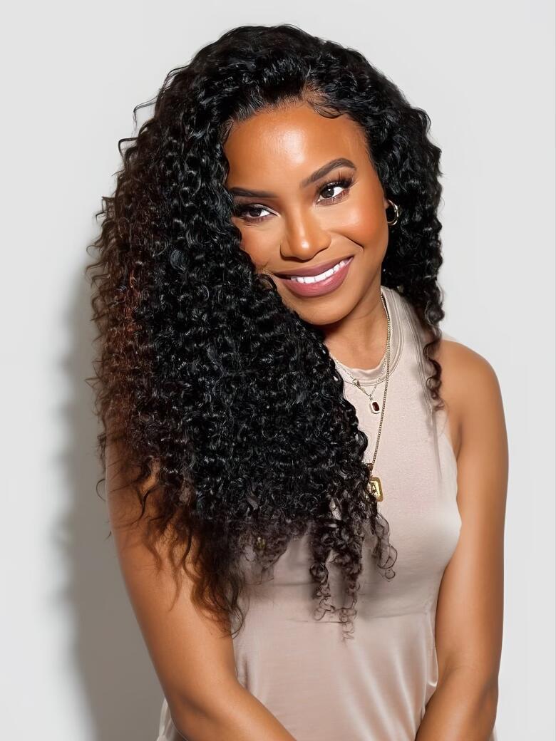 A model displays the UNice EasiContour V Part Minimal Leave Out Glueless Curly Wig Adjustable Cap, showing a model with long curly hair wearing a beige top and curly.