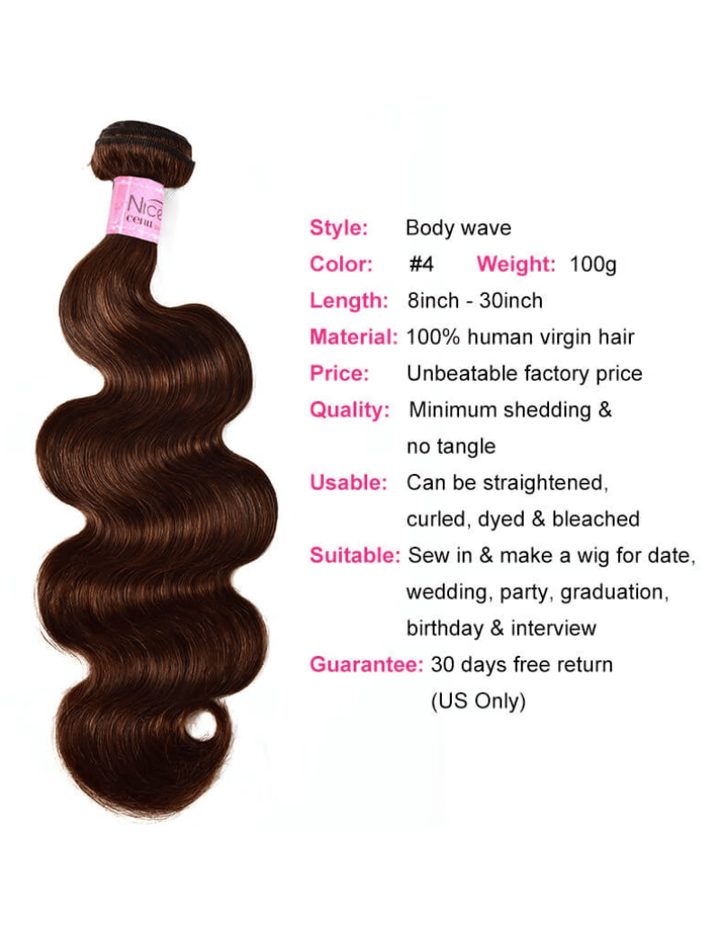 The UNice Rare Human Hair Weave #4 Body Wave & Straight Hair Bundles 1 Bundle Deal image highlights ceu, Style, Bodywave, Color, body wave hair extensions and body wave.