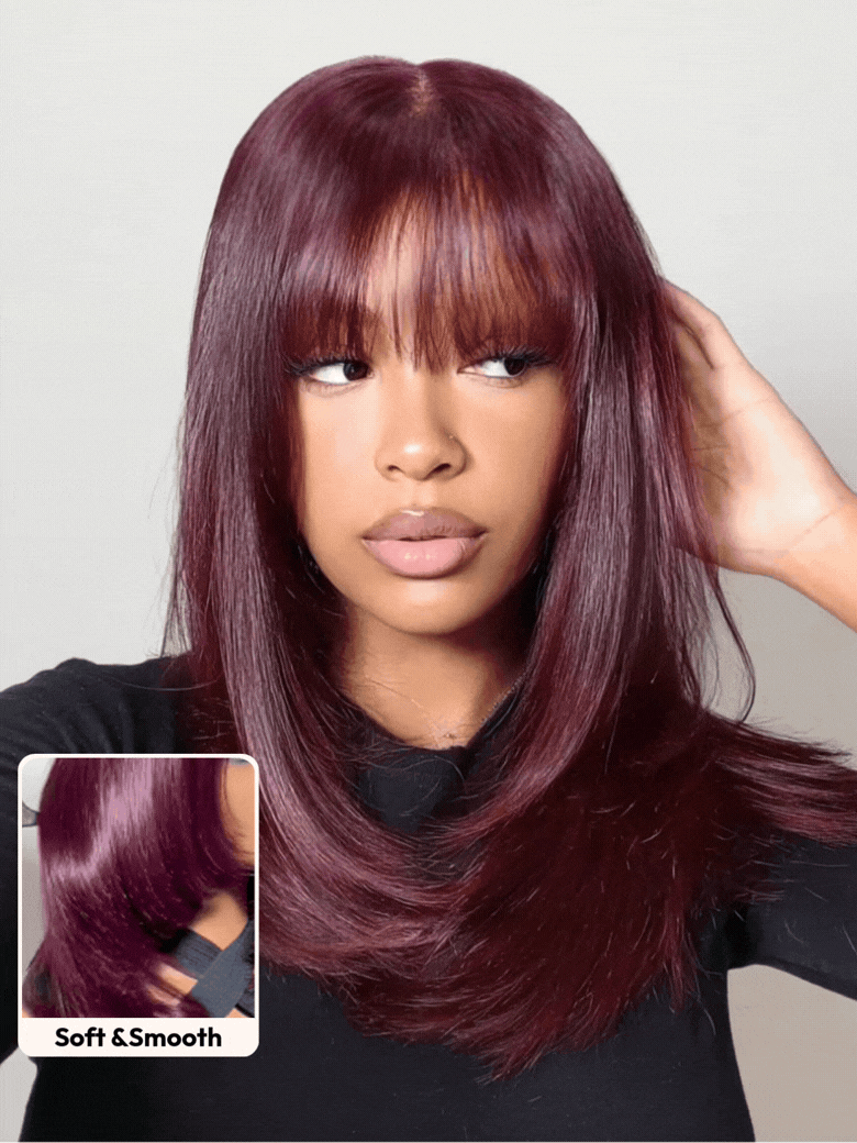 A model displays the UNice Human Hair Black Cherry Bye Bye Knots 7x5 Lace Glueless Bob Drawstring Layer wig, showing a model with long red hair and a black shirt.