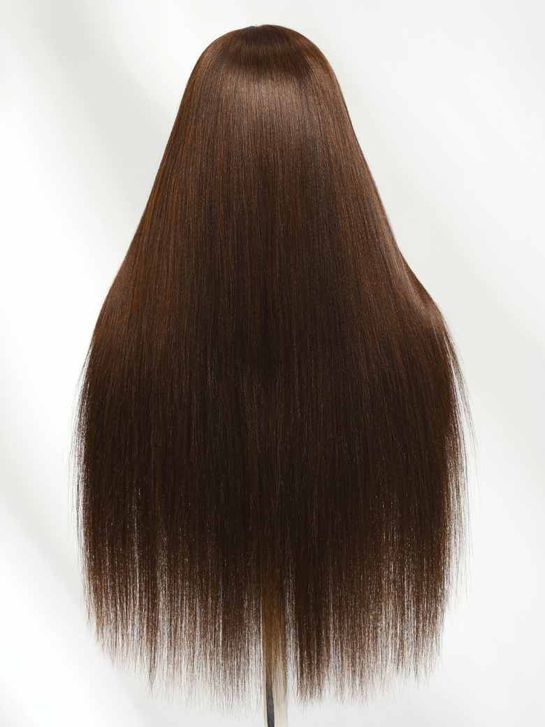 The UNice 5x5 HD Reddish Brown body wave & 4x4 Pre-Cut Lace Chocolate Brown Yaki wig product image shows a wig with long brown hair on a white background and body wave.