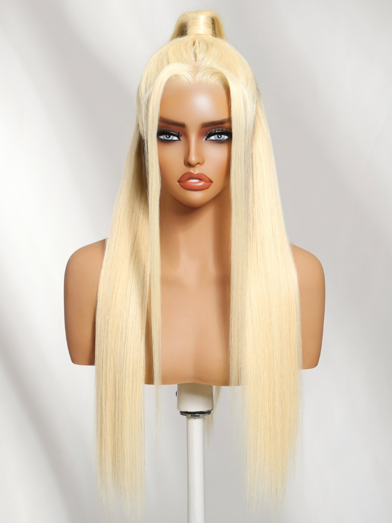 A model displays the UNice 13x4 Bye Bye Slip Lace Frontal 613 Blonde Straight/ Body Wave Glueless Wig, showing blonde blonde wig with bangs and body wave texture.