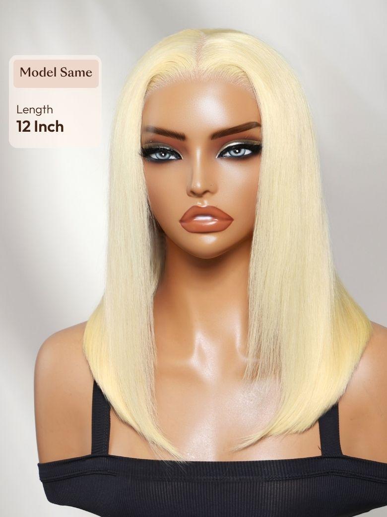 The UNice 13x4 Pre-Everything Lace Frontal 613 Blonde Glueless Bob Wig For Summer visual image position 3 shows blonde blonde lace wig with bangs | 613 blonde, 13x4.