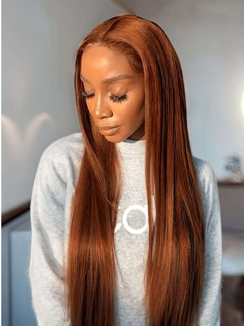 A model displays the UNice #30 Colored Hair Bundles 1 Bundle 100g Remy Hair Extensions Brown Color Body, showing a model with long red hair and body wave texture.
