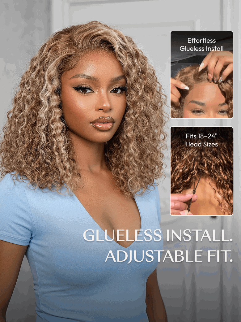 A model displays the UNice 7x5 Bye Bye Slip Pre-Cut Lace Glueless Invisible Drawstring Honey Blonde wig, showing a model with curly hair and a blue shirt and curly.