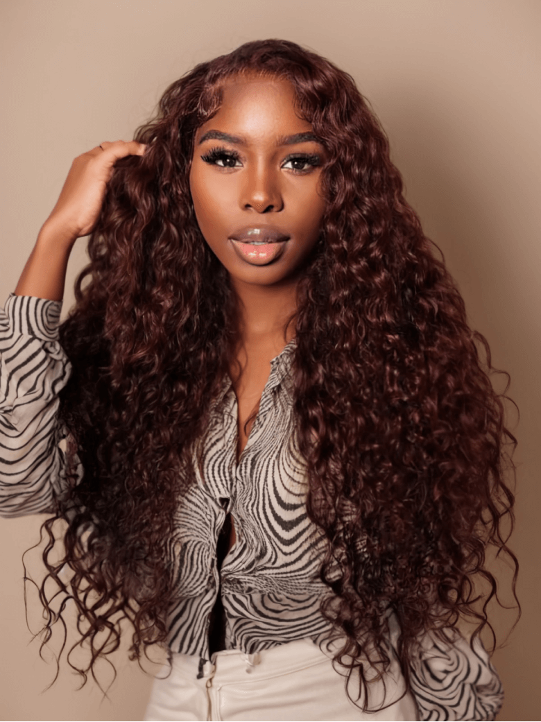 A model displays the UNice Mahogany Red Brown Jerry Curl 3Pcs 100% Remy Human Hair Bundles, showing a model with long curly hair and jerry curl texture, bundle fullness.