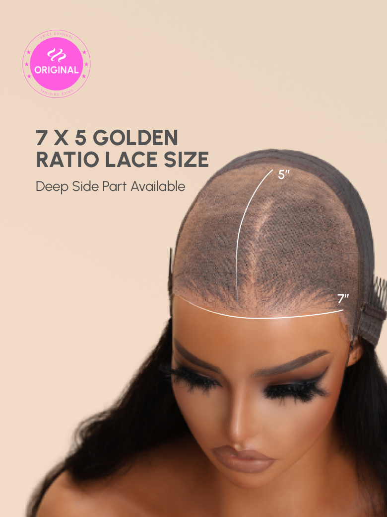 A model displays the UNice 7x5 Byebye Knots Lace Reddish Brown Body Wave Bleached Knots Blend Seamless Wig, showing a model with long hair and a black top and body wave.