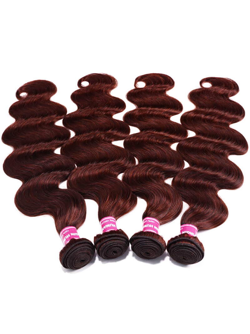 The UNice Vibrant Reddish Brown Body Wave 4Pcs 100% Remy Human Hair Bundles Deal product image shows brazilian body wave hair bundles and body wave texture, reddish.