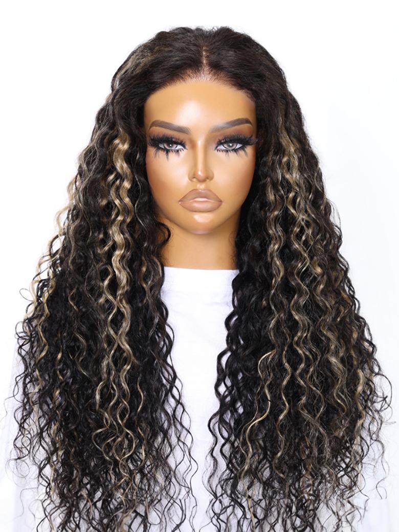 The UNice Pre-Cut 6x4.5 Lace Black With Blonde Highlights Water Wave Wig 180% Density product image shows a wig with long curly hair and water wave texture, highlight.