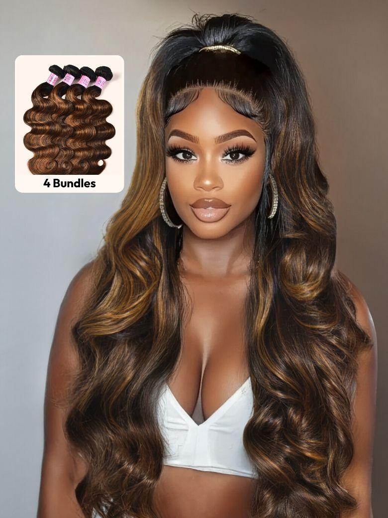 A model displays the UNice Classic Brown Highlight 4Pcs Human Hair Body Wave Bundles, showing a model with long brown hair and a ponytail and body wave texture.