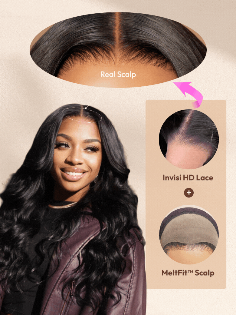 A model displays the UNice HD Real Scalp Wig 13x4 Invisible Lace Frontal Loose Wave with Face Framing, showing a model with long hair and a brown jacket and loose wave.