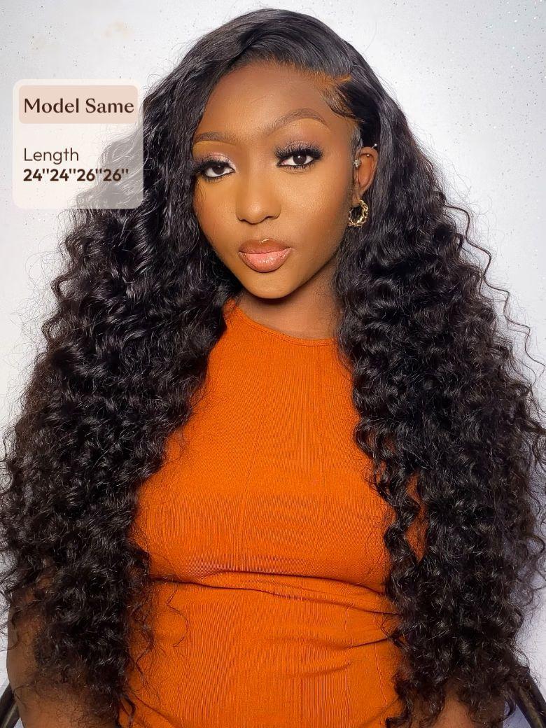 A model displays the UNice Hair Bundles 4 Pcs/pack Peruvian Deep Wave Virgin Human Hair, showing a model with long curly hair wearing an orange sweater and deep wave.